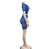 Blue Fashion Solid Color Mesh Gauze Inlaid Diamond Short-Sleeved Shorts Two-Piece Set