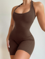 Brown Knitted Solid Color High Waist Tight Sports Yoga Jumpsuit