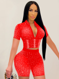 Red Fashion Solid Color Mesh Gauze Inlaid Diamond Short-Sleeved Shorts Two-Piece Set