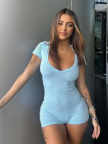 Blue Short-Sleeved V-Neck Tight Hip-Lifting Sports Yoga Jumpsuit