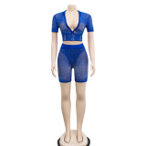 Blue Fashion Solid Color Mesh Gauze Inlaid Diamond Short-Sleeved Shorts Two-Piece Set