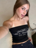 Black Letter Printed Ultra Short Tube Top with Navel Exposed Vest