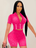 Rose Red Fashion Solid Color Mesh Gauze Inlaid Diamond Short-Sleeved Shorts Two-Piece Set