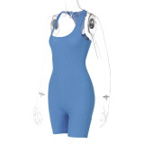 Blue Knitted Solid Color High Waist Tight Sports Yoga Jumpsuit