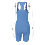 Blue Knitted Solid Color High Waist Tight Sports Yoga Jumpsuit