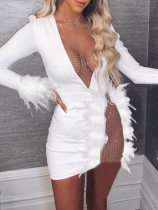 White Sexy Mesh Patchwork Feather-embellished Slim Dress