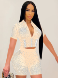 Apricot Fashion Solid Color Mesh Gauze Inlaid Diamond Short-Sleeved Shorts Two-Piece Set