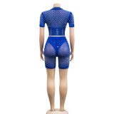 Blue Fashion Solid Color Mesh Gauze Inlaid Diamond Short-Sleeved Shorts Two-Piece Set