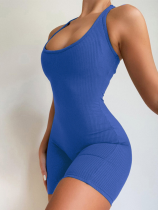 Blue Knitted Solid Color High Waist Tight Sports Yoga Jumpsuit