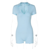 Blue Short-Sleeved V-Neck Tight Hip-Lifting Sports Yoga Jumpsuit