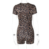 Leopard Print Short Sleeve V-Neck Fashion Tight Hip-Lifting Jumpsuit