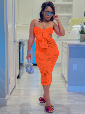 Orange Sexy Knitted Wrap Chest Skirt Two Piece Set