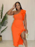 Orange Wood Ear Trimmed Shoulder Slash High Split Two Piece Suit