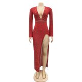Red Sexy Deep V Wide-sleeved Dress With Irregular Slits (Including Underwear)