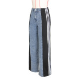 Black Fashion Patchwork Three-Stripe Wide-Leg Denim Trousers