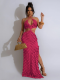 Rose Red Sexy Halterneck Lace-Up Slim-Fitting Hollow Dress
