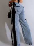 Black Fashion Patchwork Three-Stripe Wide-Leg Denim Trousers