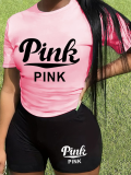 Pink O-Neck Letter Print Personalized Casual Two-Piece Suit