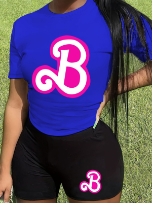 Blue O-Neck Letter Print Personalized Casual Two-Piece Suit