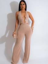 Apricot Sexy V-Neck Halter Back Jumpsuit