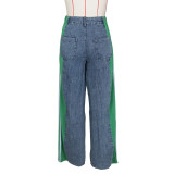 Green Fashion Patchwork Three-Stripe Wide-Leg Denim Trousers