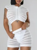 White Sexy O-Neck Knitted See-Through Two-Piece Suit