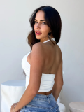 White Sexy V-Neck Backless Navel T-Shirt