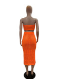 Orange Sexy Knitted Wrap Chest Skirt Two Piece Set