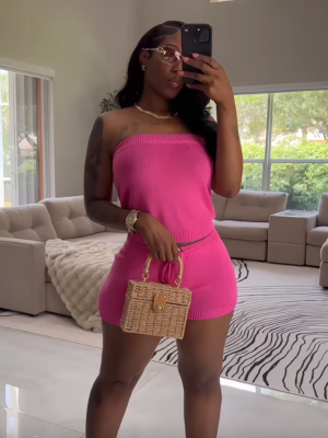 Rose Red Fashionable Casual Sweater Two-Piece Suit