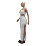 White Sexy Halterneck Lace-Up Slim-Fitting Hollow Dress