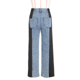 Black Fashion Patchwork Three-Stripe Wide-Leg Denim Trousers