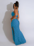 Blue Sexy Halterneck Lace-Up Slim-Fitting Hollow Dress