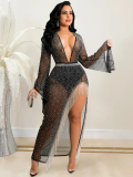 Black Sexy Deep V Wide-sleeved Dress With Irregular Slits (Including Underwear)