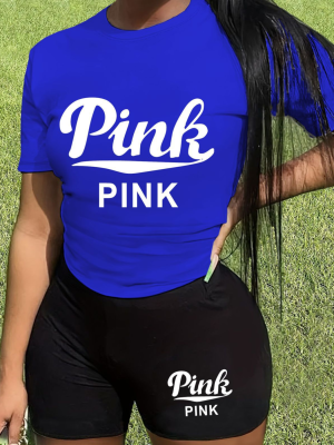 Blue O-Neck Letter Print Personalized Casual Two-Piece Suit