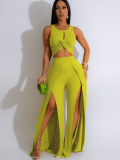 Green Fashionable Casual Split Vest Wide-Leg Pants Two-Piece Set