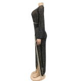 Black Sexy Deep V Wide-sleeved Dress With Irregular Slits (Including Underwear)