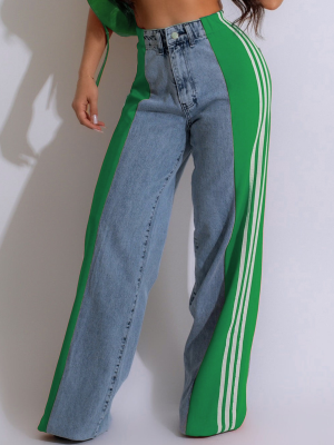 Green Fashion Patchwork Three-Stripe Wide-Leg Denim Trousers