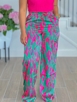 Rose Red Loose Casual Printed Temperament Straight Pants