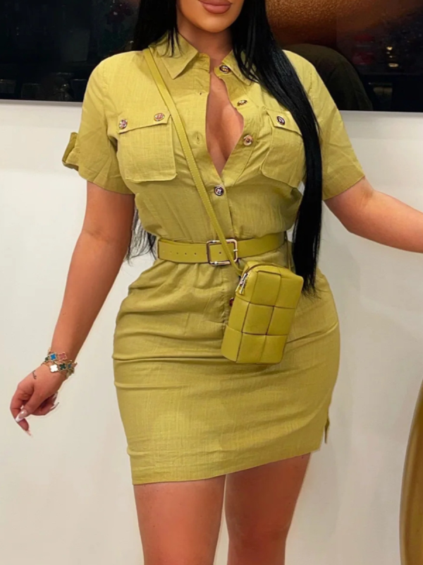 Green Fashion Lapel Button Belt Pocket Dress