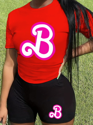 Red O-Neck Letter Print Personalized Casual Two-Piece Suit