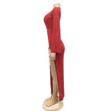 Red Sexy Deep V Wide-sleeved Dress With Irregular Slits (Including Underwear)