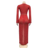 Red Sexy Deep V Wide-sleeved Dress With Irregular Slits (Including Underwear)