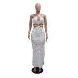 White Sexy Halterneck Lace-Up Slim-Fitting Hollow Dress