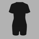 Black O-Neck Letter Print Personalized Casual Two-Piece Suit