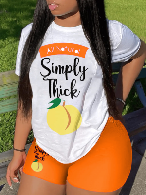 Orange O-Neck Letter Print Personalized Casual Two-Piece Suit