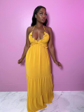 Yellow Sexy Halter Backless Slim Fit Dress