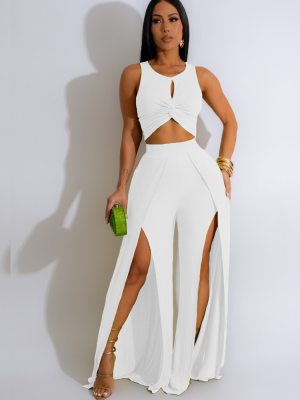 White Fashionable Casual Split Vest Wide-Leg Pants Two-Piece Set