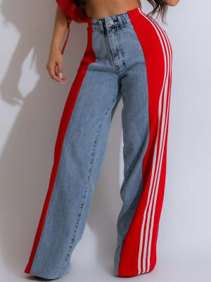Red Fashion Patchwork Three-Stripe Wide-Leg Denim Trousers