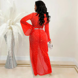 Red Sexy Deep V Wide-sleeved Dress With Irregular Slits (Including Underwear)
