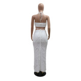 White Sexy Halterneck Lace-Up Slim-Fitting Hollow Dress